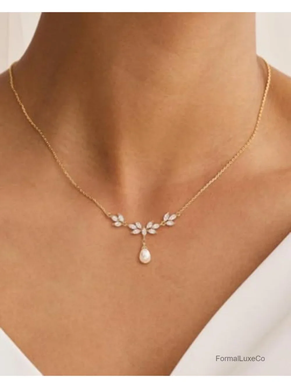 Dainty Pearl Pendant Necklace with Cubic Zirconia, 14K Gold-Plated